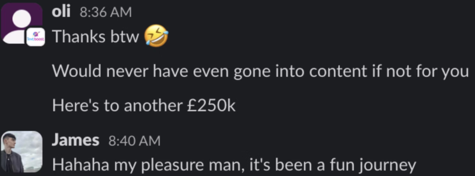 Oli: here's to another $250k